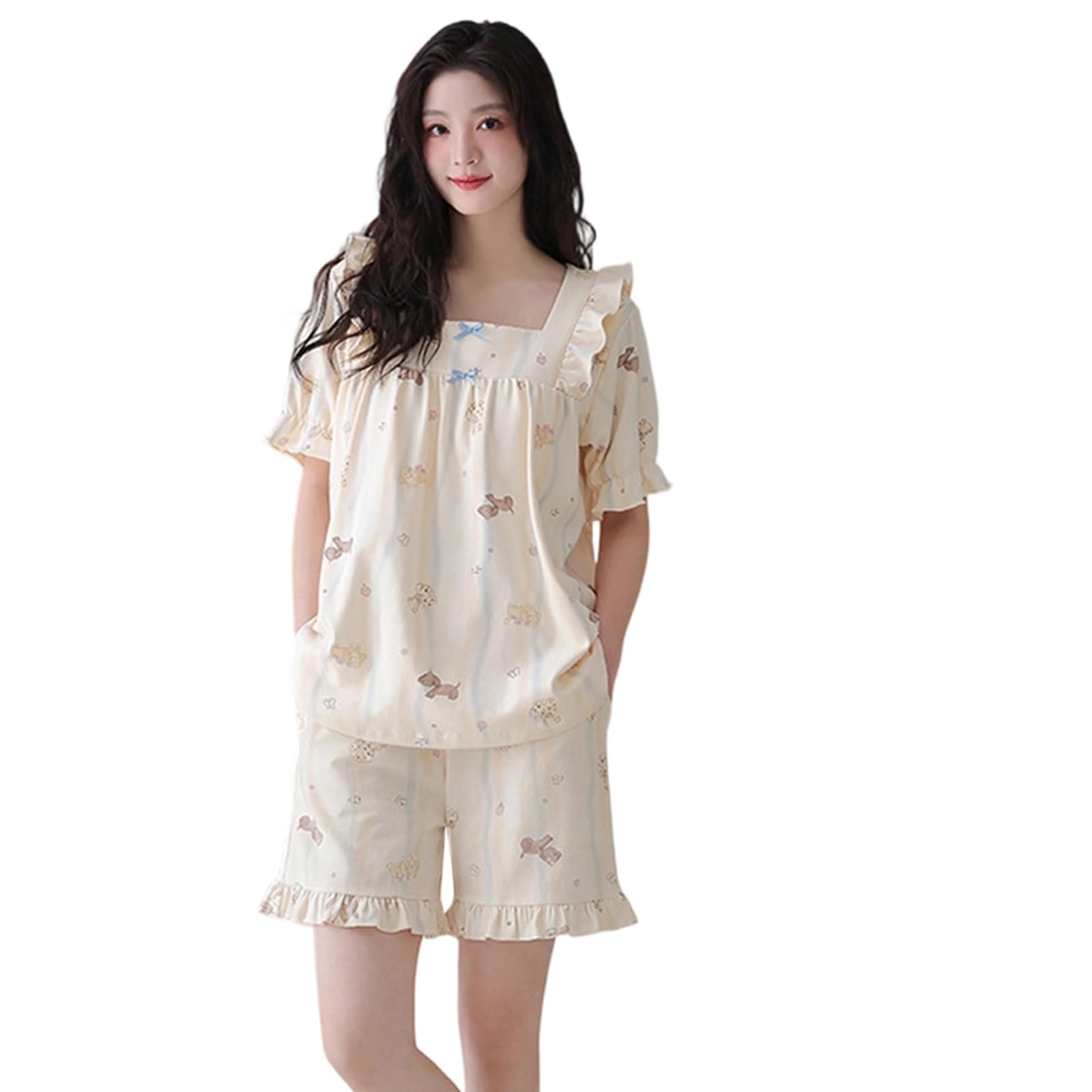 Pijama de algodón de dos piezas con camiseta y shorts de mujer para ropa de dormir 8