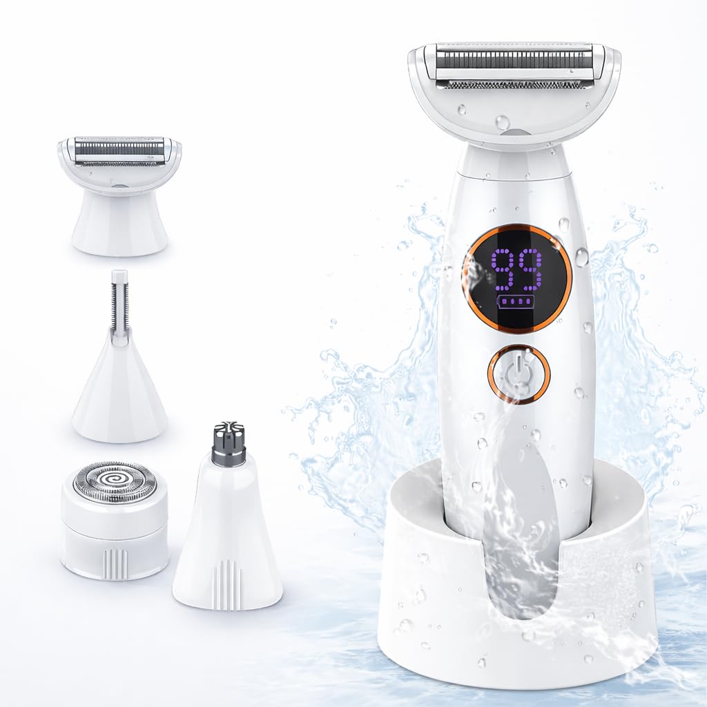 Rasoir Femme 5 En 1 – éTanche Ipx7, Rechargeable Usb, Affichage Led – Pour Maillot, Aisselles, Jambes & Visage – Tondeuse éLectrique Avec 5 Embouts
