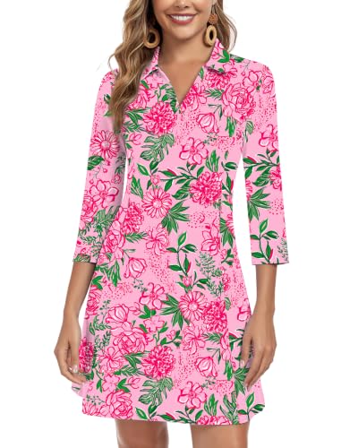 Image of WOWENY 3 /4 Sleeve Dress for Women with Pockets V Neck UPF 50+ Casual Sun Dress Breathable Quick Dry Beach Vacation