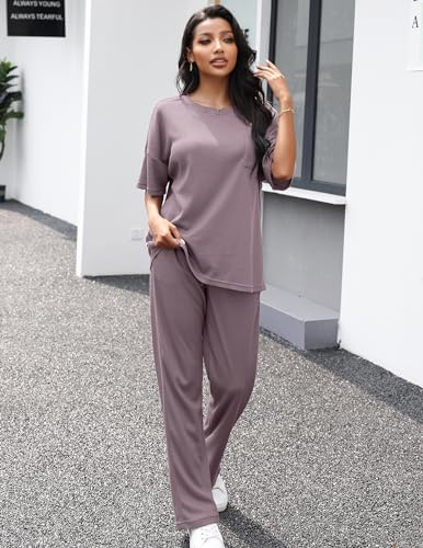 Image of JiniGolla Womens Pajama Sets Waffle Knit Short Sleeve Shirt with Long Pajama Pants Soft Sleepwear Pj Lounge Sets