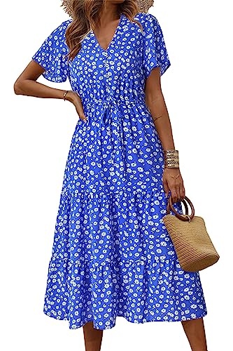 PRETTYGARDEN Summer Floral Dress for Women 2025 Casual Boho Short Sleeve Maxi Dresses V Neck Tiered Flowy Beach Sundress