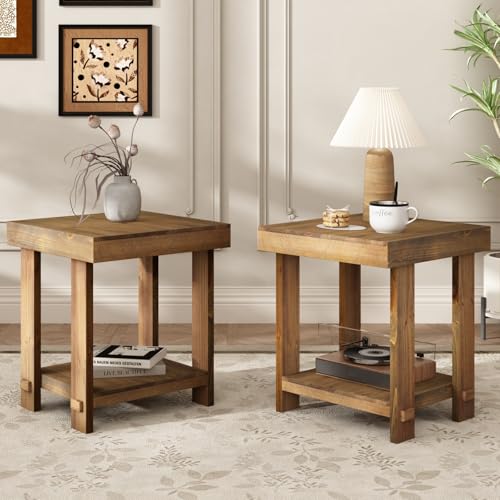 HOKYHOKY Set of 2 Solid Wood End Table 2-Tier Farmhouse Side Table