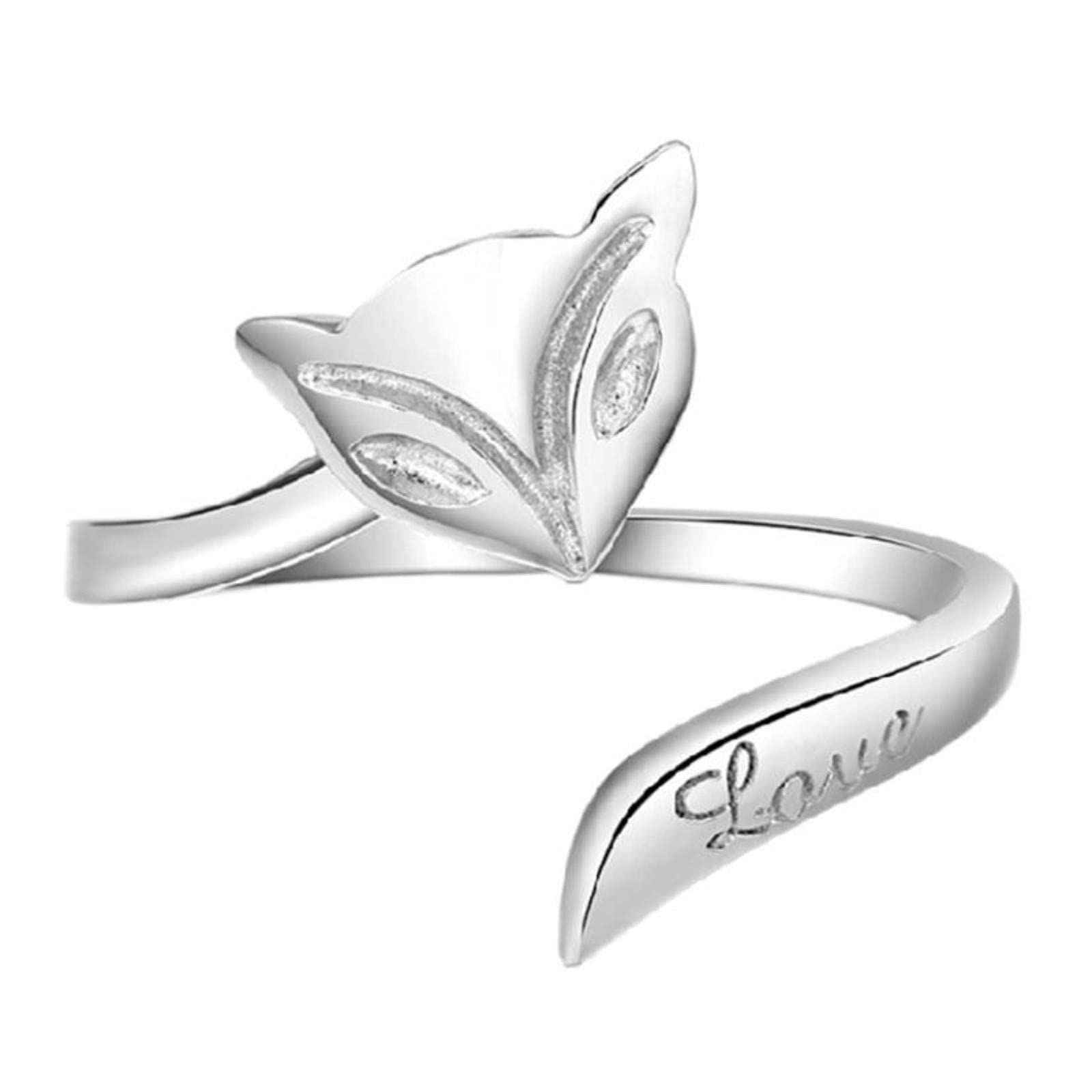 Salan Women's Silver Cute Animal Finger Ring For Little Fox Face Open Adjustable Sterling 925 Ring Fashion Fine Jewelry