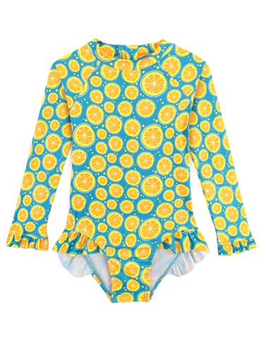 Image of Baby Toddler Girl Long Sleeve Ruffle Swimsuit One Piece Zipper Rash Guard Bathing Suit with UPF 50+ Sun Protection