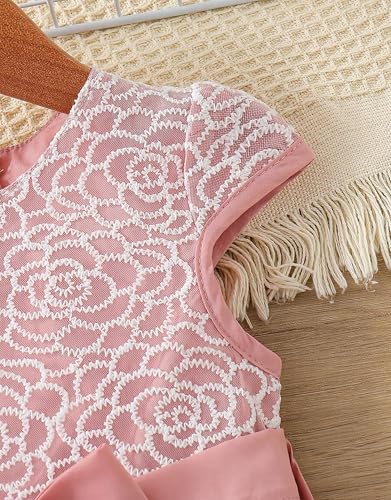 Image of PAMBERSTON Girls Pink Frock Dress | Lace Bodice Round Neck Dress with Bow Waist and Layered Net Skirt | Cute Casual Outfit | Perfect Frock for Parties, Birthday, Wedding