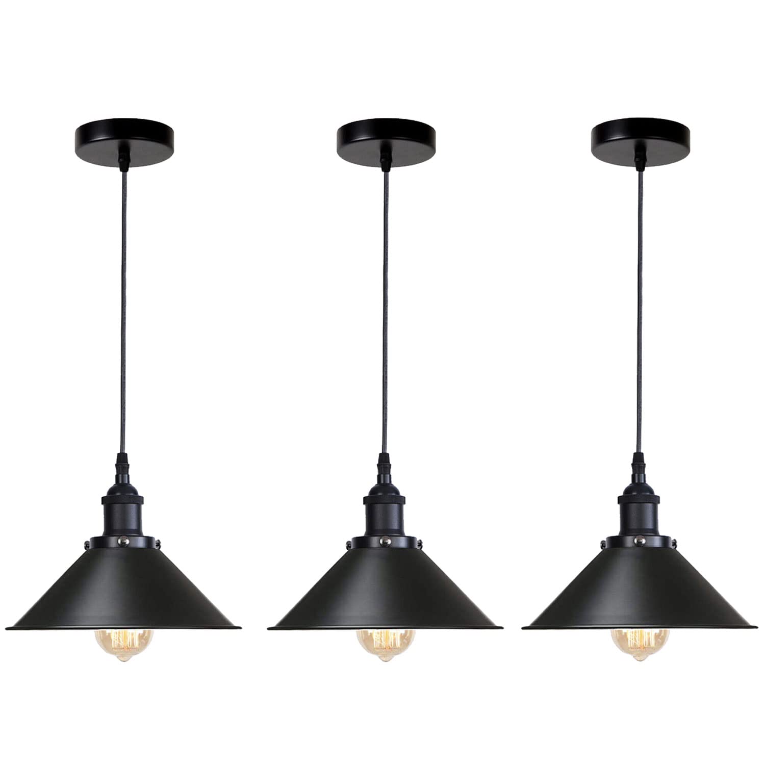 LEDSone 3 Set Black Ceiling Pendant Light Fitting, Vintage 22cm Metal Cone Light Shade, Island Hanging E27 Screw Bulb Holder, 100cm Adjustable Cable, 10cm Ceiling Rose for Kitchen Living Room Home