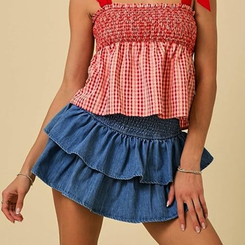 Womens Shirred Denim Mini Skirt Y2K High Rise Ruffled Tiered Layer Short Jean Skirts A Line Pleated Skirts4