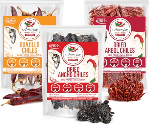 Dried Chili Peppers Variety Pack 4oz Each - Ancho, Arbol and Guajillo Chiles – Staple for Mexican Recipes - Moles, Salsa, Sauces, Stews, Tamales. By Amazing Chiles & Spices.