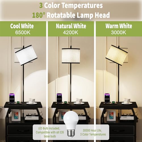 Image of runjuly Floor Lamp with Table Set 2, End Table with Light & Charging, Black
