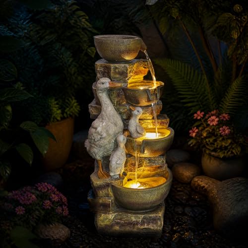 Image of Duck Family Outdoor Water Fountain, Resin with LED, 31.5 in