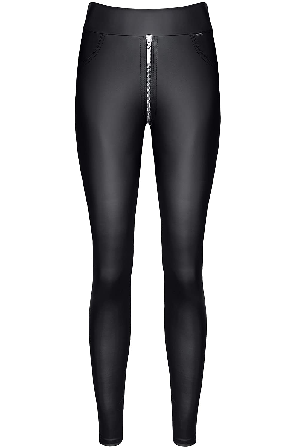 Demoniq Schwarze Damen Leggings Hose aus Wetlook Material elastisch mit durchgehendem Reißverschluss und Gesäßtaschen