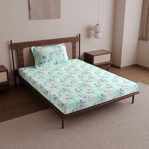 Image of Divine Casa 144 TC Cotton Single Bedsheet with 1 Pillow Cover | Soft Breathable Bedsheet for Single Bed | Modern Printed Bed Sheet Set for Bedroom & Guest Room | 145 x 223 cm (Mint Green, Floral)