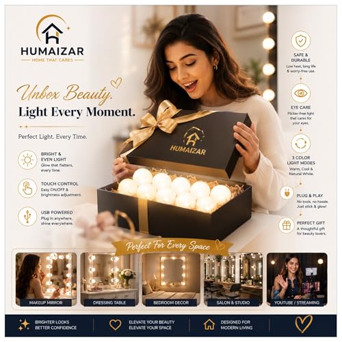 Image of HUMAIZAR Hollywood Style Vanity Mirror Fill Light Adjustable Luminance USB Wall Bulbs String for All Pretty Dimmable Light Makeup Vanity Desk Set (10 LED Bulb USB 3 Colors)