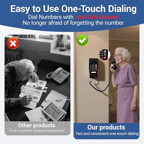 Image of Retro Wall Phone for Home, Landline Vintage Wall Mount Phone with Volume Adjustable & 3 One-Touch Dialing for Seniors, Old Telephone Phones with Mechanical Ringer Indicator for Elderly, Black
