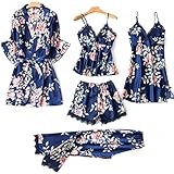 Youmymine 5PCS Women's Satin Silk Lace Pajamas Print Nightgown Bathrobe Robes Underwear Wireless...