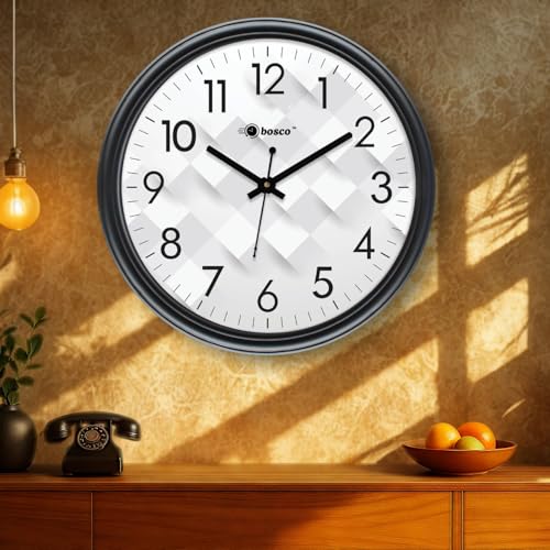 Image of Bosco Modern Non Ticking Silent, Black Frame with White Face 30 CM, Round Wall Clock for Home, Living Room, Bedroom, Office and Kitchen-BWC-1604-Cream