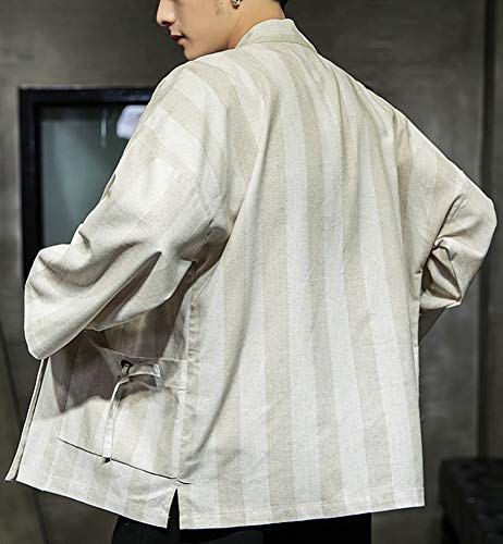 Hotmiss Men\'s Linen Striped Kimono Cardigan Noragi Street Jacket Japan Yukata Coat (Medium) Beige