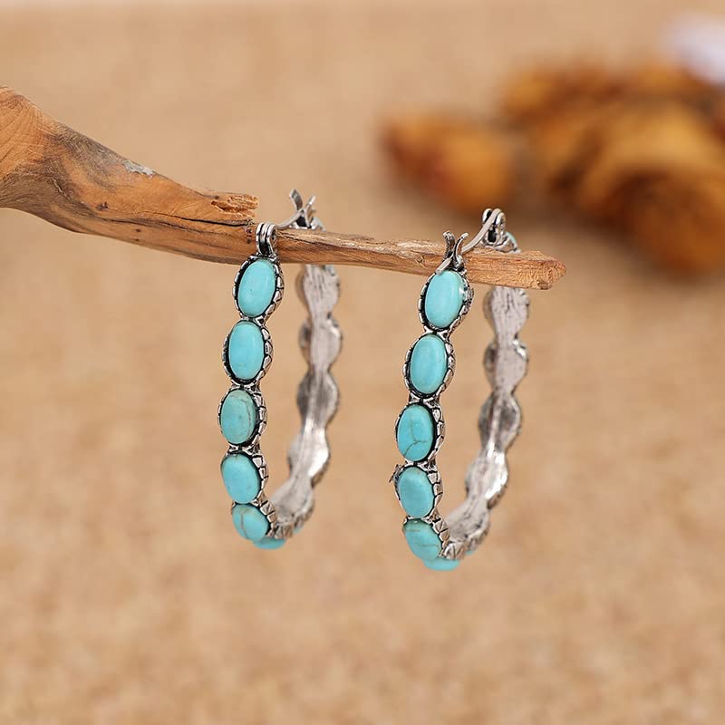 Natural Turquoise Dangle Metal Large Oval Earrings Vintage Statement Teardrop Earrings Bohemian Delicate Hoop Earrings for Women(O)3
