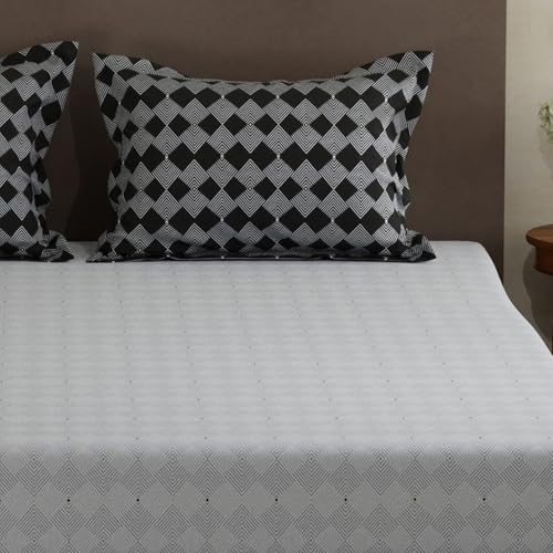Image of Layers 100% Cotton Double Size Bedsheet Set | Grey Geometric Print | 120 TC Forever Collection | Soft & Breathable | Washable Bedsheet with 2 Pillow Covers | All Season