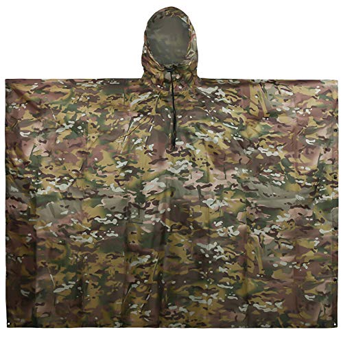 Fousam Camo Poncho, Waterproof Ripstop Hooded Raincoat Lightweight Packable Rain Cover for Hunting Camping Backpacking Emergency Tent Shelter Cp Woodland