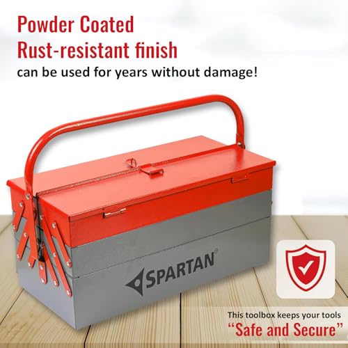 Image of Spartan 17 Inch Portable Metal Tool Box with 5 Fold-Out Trays, Secure Locking System & Easy-Grip Round Handle | Heavy-Duty Rust-Resistant Storage Organizer for DIY, Home Repair, Garage & Jobsite Use