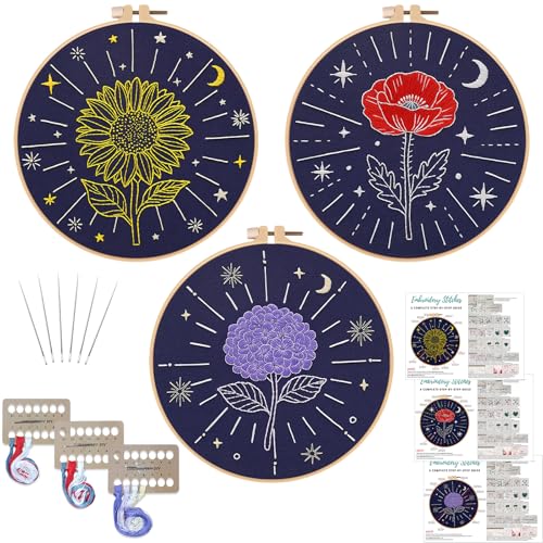 Image of Louise Maelys 3 Pcs Tarot Moon Star Embroidery Kit for Beginners, Celestial Flower Sunflower Poppy Hydrangea Needlework DIY Craft for Adults with Hoop, Printed Fabric and Instruction