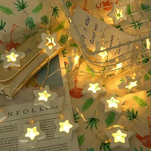 Image of K D 20 LED Wooden Star Warm Yellow 12.5 FT String Fairy Lights - Plug Operated Christmas & Festival Decor Lamp