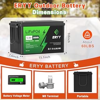 12V 300Ah LiFePO4 Battery, 5000+ Deep Cycles Lithium Battery with 200A BMS & LCD Voltmeter, Rechargeable Batteries for Marine, RV, Off-Grid Solar, Home Backup Power, Trolling Motors, Boat