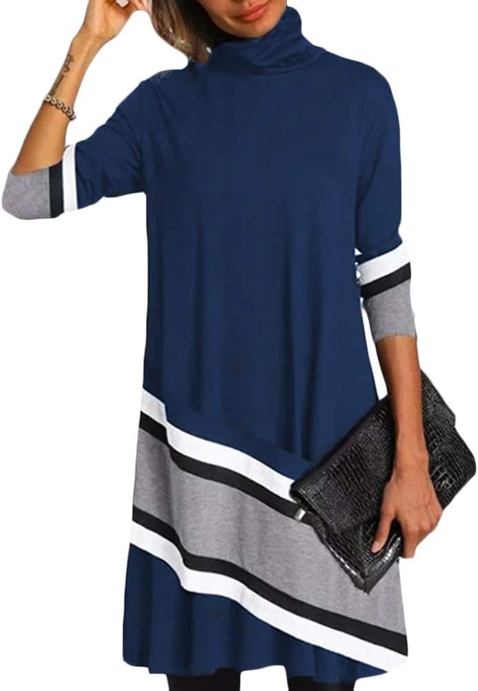 Tomwell Mini Robe Femme Robe Pull En Tricot à Col Rond à Rayures Couleur Unie Manches Longues Tricoté Swing Robe Elégant De Cocktail Casual Party Soirée A Bleu S