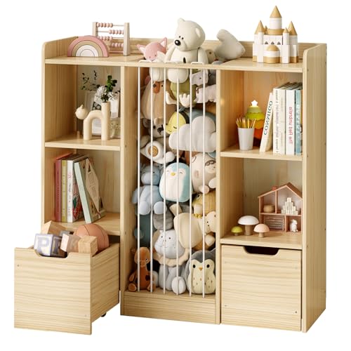 Image of Toy Storage Organizer with Stuffed Animal Storage, Solid Pine Wooden Toy Organizer & Stuffed Animal Zoo, 4 Cubes Shelf with 2 Movable Drawers, 4 -in-1 Book Shelf for Kids Room, Playroom, Nursery