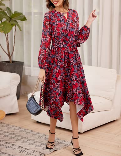 Kate Kasin Women Long Sleeve Bloomchic Dress Midi Floral Fall Flowy Asymmetrical Handkerchief Dress Red 2Xl #TOP1