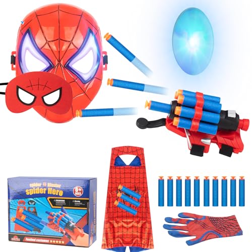 Fanpototo Spider Web Shooters for Kids,Spider Toys for Boys,Spide LED Mask and Cape Set,Cosplay Costume and Role-Playing for indoor and outdoor game,Age 6+(Red)