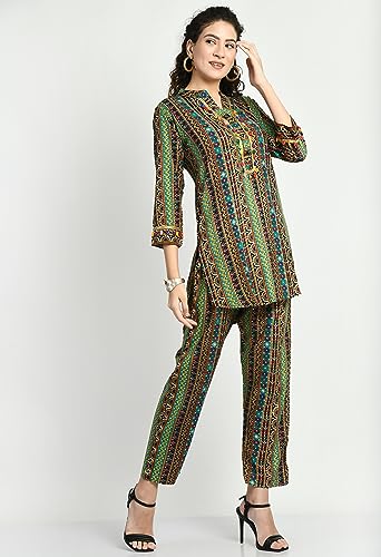 Image of Maurya Women's Rayon Angrakhha Maroon Printed Knee Length Kurta and Pant with 2 Side Pocket Ethnic Co-ord Set (Cord GP 20)