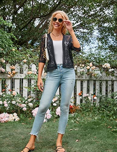 Xunger Women’s 3/4 Sleeve Lace Cardigan Casual Open Front Floral Lace Shrug Summer Cover Up(0130-Black-L-Rd) #TOP4