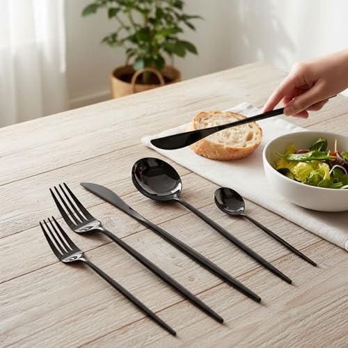 Image of 20 Pcs Black Cutlery Set for Dining Table the Perfect Lightweight Silim Handle Tableware Including Dinner Spoon, Dinner Fork, Dinner Knife, Dessert Spoon & Dessert Fork