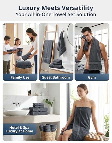 Image of Lane Linen Luxury Bath Towels Set - 12 Piece, 100% Cotton, Zero Twist, Super Soft & Absorbent, Includes 4 Bath Towels, 4 Hand Towels, 4 Washcloths - Cool Grey