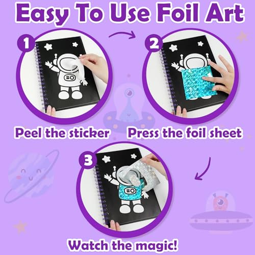 Image of FUNNYB&G Foil Art Craft Kit for Boys 4-10 Years Old: Mess-Free & No-Glue, Create 16 Sparkly Space Pictures - Perfect Travel Toy & Birthday Gift for Kids (Space)