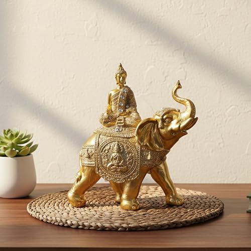 Estatua de Buda Dorado sobre Elefante 7.48x7.09x3.15 in miniatura 2