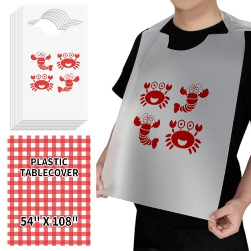 bloomoon 100 Pcs Disposable Lobster Bibs and 2 Pcs 108 x 54 inch Plastic Red Gingham Checkered Table cloths, Plastic Crab Bibs Disposable for Adult with Table covers, Seafood Boil Party Supplies