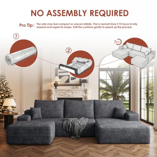Image of Boneless Couch, Modular Sectional Couches for Living Room, U-Shaped Cloud Couch Sofa with Deep Seat, Fluffy Corduroy Upholstered Corner Sofa