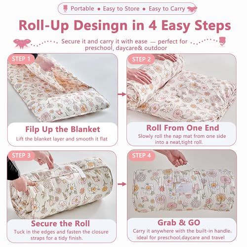 Image of Toddler Nap Mat with Removable Pillow,Ultra Soft Slumber Bags for Girls,Kids Sleeping Bags with Roll Up Design, Perfect for Preschool,Daycare,Kindergarten