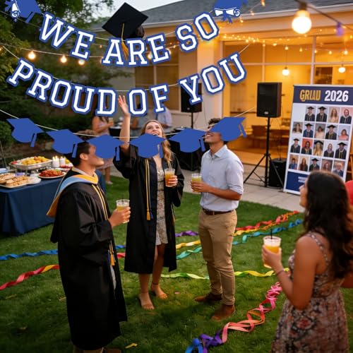 Image of We Are So Proud Of You Banner Graduation Party Decorations Congrats Grad Cap Garlands Wall Sign White Blue