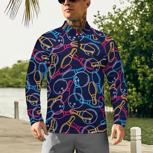 Colorful Outline of A Bowling Ball Men's Rash Guard Long Sleeves Quick Dry Fishing Workout Shirts with Zipper2