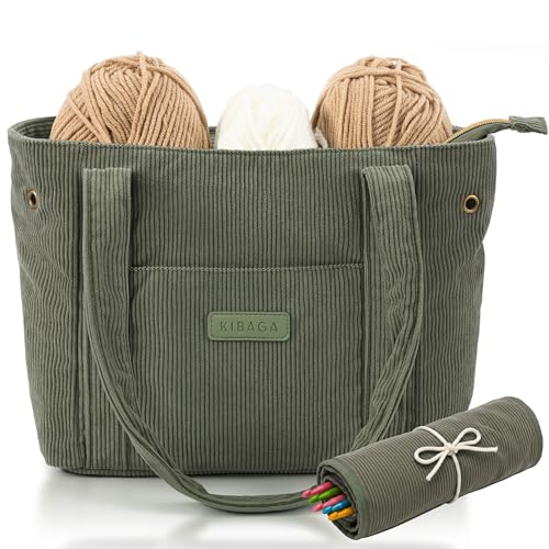 Bolsa de fio elegante para projetos de crochê e tricô - Organizador de crochê de veludo cotelê com 4 bolsos internos e furos de fio - Perfeito para armazenar ganchos, agulhas e acessórios de