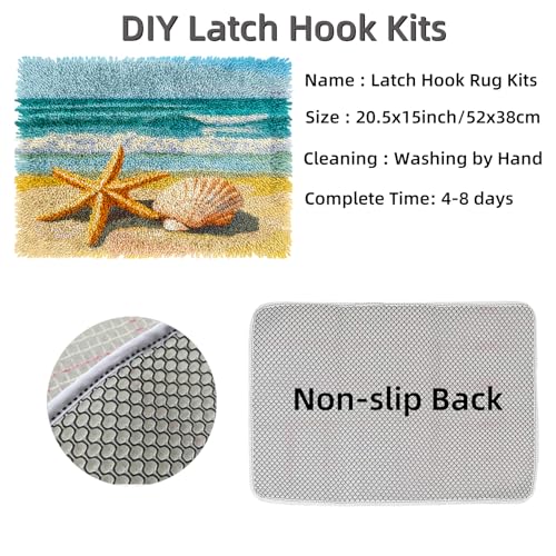 Image of DIY Rug Latch Hook Kits Seaside Beach Starfish and Shells Stamped Non-Slip Mat Crochet Yarn Hook and Latch Emboridery Tapestry for Home Floor Decoration Pet Warm Cushion 52x38cm(3)