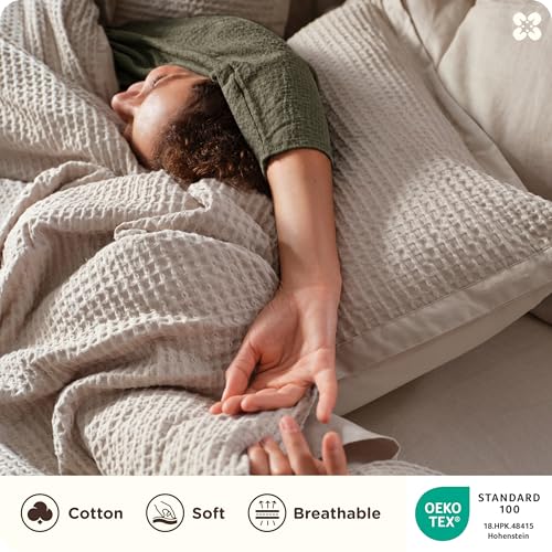 Image of Bedsure Cotton Duvet Cover Set - 100% Cotton Waffle Weave Linen Color Duvet Cover California King Size, PureWoven Breathable Cal King Bedding Set for All Season, 3 Pieces, 104 inchx98 inch