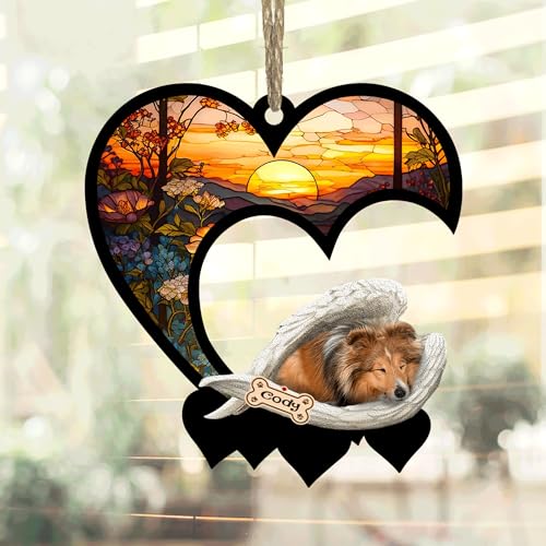 NAZENTI Personalized Sheltie Sleep in Angel Wings Suncatcher - Custom Dog Christmas Ornament for Pet Lover, Heart Suncatcher Hanging, Gifts for Dog Lover, Christmas Decoration