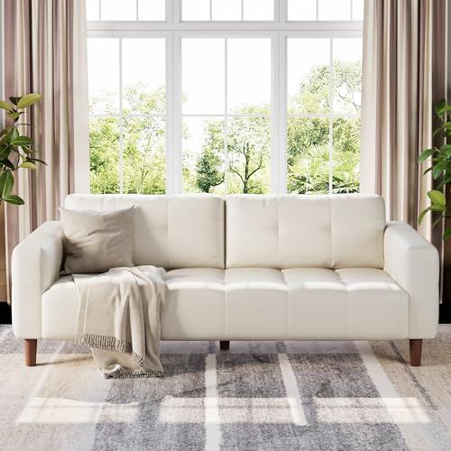 Image of IDEALHOUSE 83 inch Beige Faux Leather Couch, 3 Seater Sofa Couches