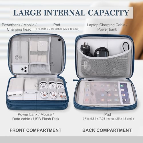 Image of FYY Electronic Organizer, Extra Large Travel Cable Organizer Bag Pouch Portable Waterproof Double Layers All-in-One Storage Bag for iPad, Cable, Power Bank, Laptop Charger for Office /Home, Navy