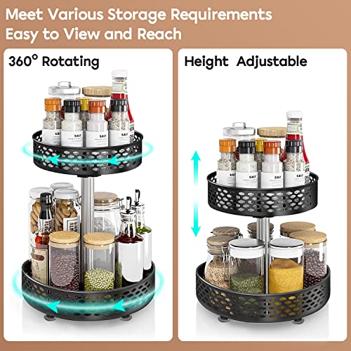 Lazy Susan Organizer 2 Tier Metal Steel, Turntable Height Adjustable, No-Slip Suction Base, Bathroom Kitchen Countertop Organizer, Rotating Spice Rack For Cabinet Countertop Pantry, 10" Black #TOP1